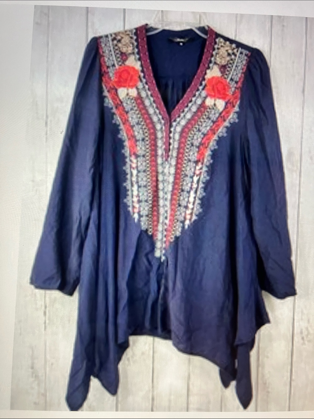 ANDREE BY UNIT Navy Tunic with Coral and Cream Embroidery